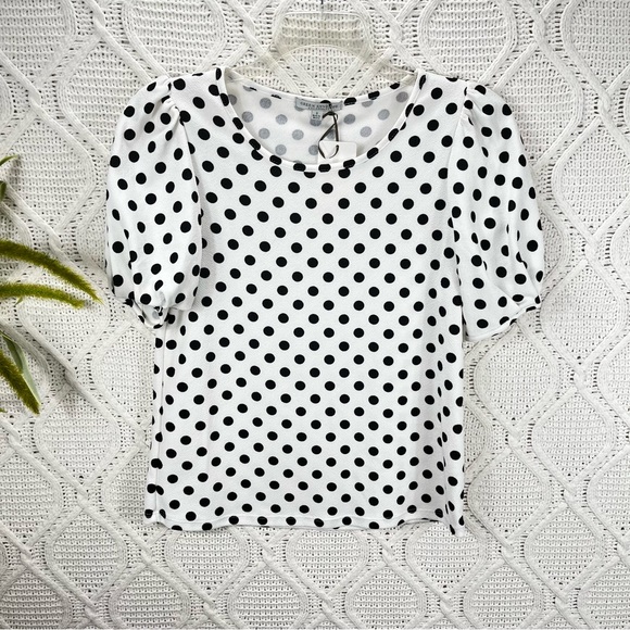 NWT GREEN ENVELOPE | Short Sleeve Women's Top White Black Polka Dot S - Picture 1 of 5